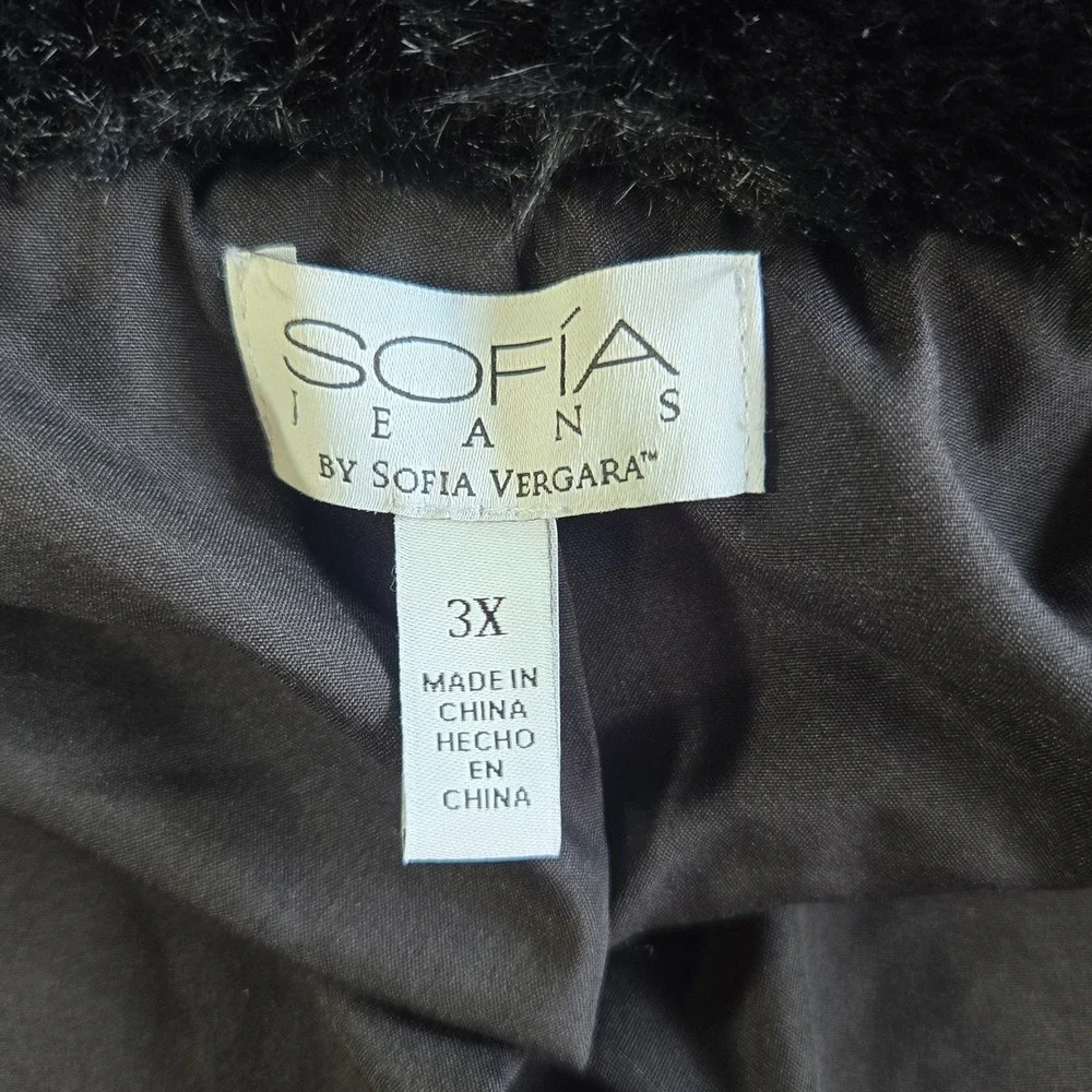 Sofia Jeans Faux Fur Jacket Womens 3X Black Chevron Zip Up Glam Plush Coat